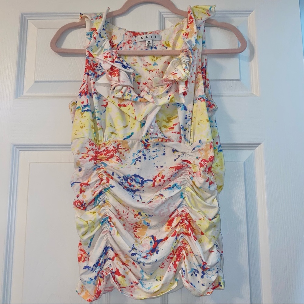 Cabi Colorful Paint Splatter Ruched Ruffle Tank Top Size Medium - Picture 2 of 7